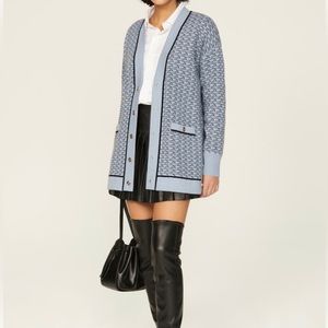 Sandro Light Blue Patterned Knit Cardigan with Black Trim